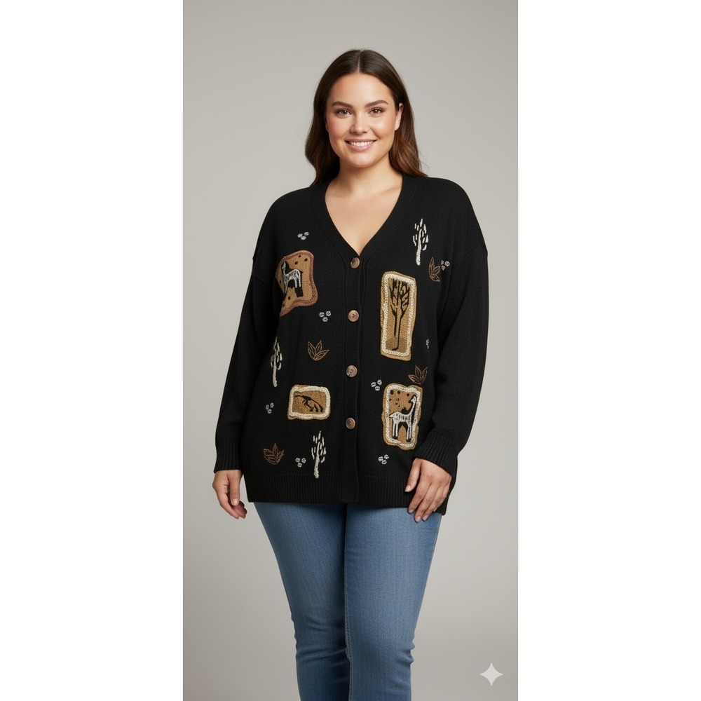 California Rose Button Front Cardigan Sweater L Black Novelty Art to Wear